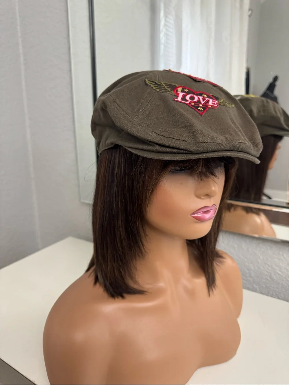 Vintage Olive Green 'Love' Embroidered Newsboy Cap with patch details